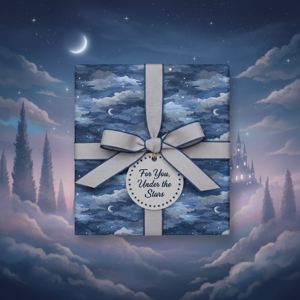 Elegant square gift wrapped in blue celestial wrapping paper with ribbon and "For You, Under the Stars" tag.