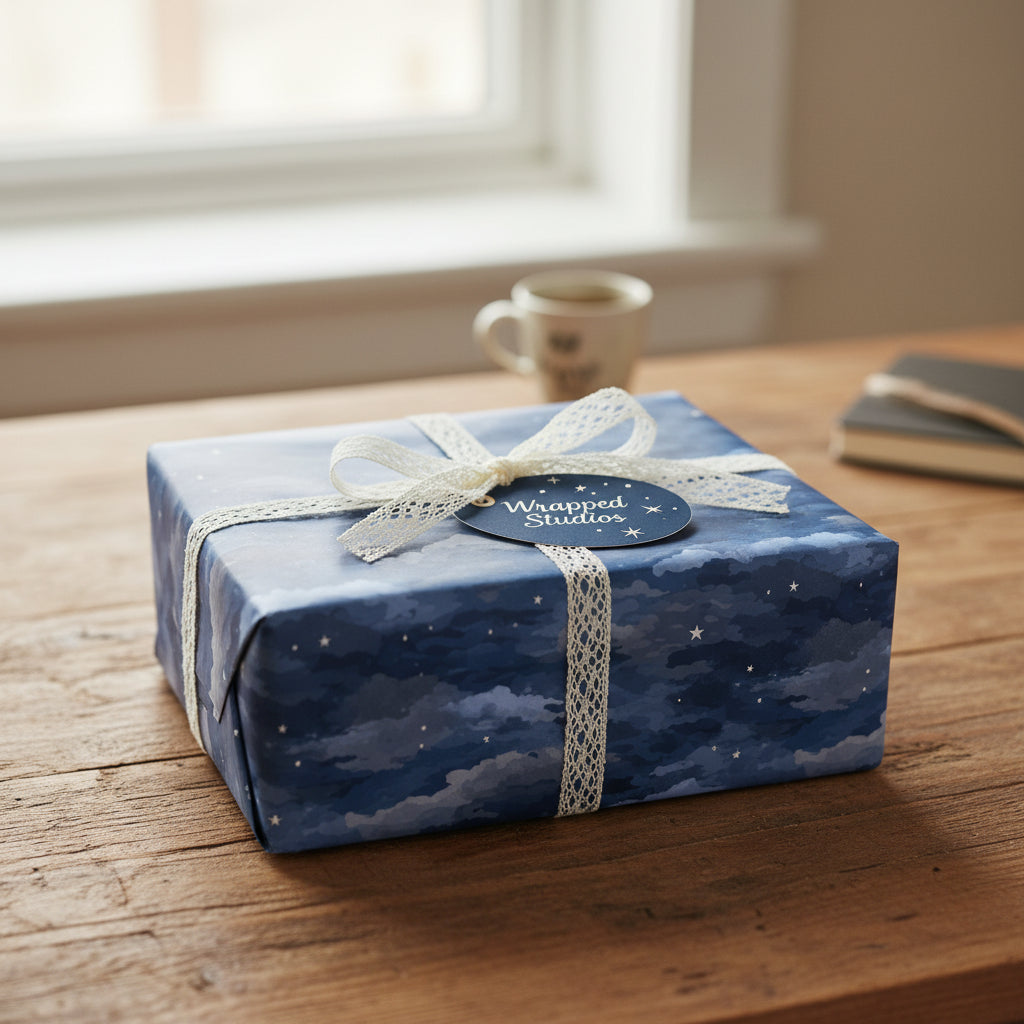 Dark blue gift wrapped in celestial star wrapping paper with lace ribbon and bow.