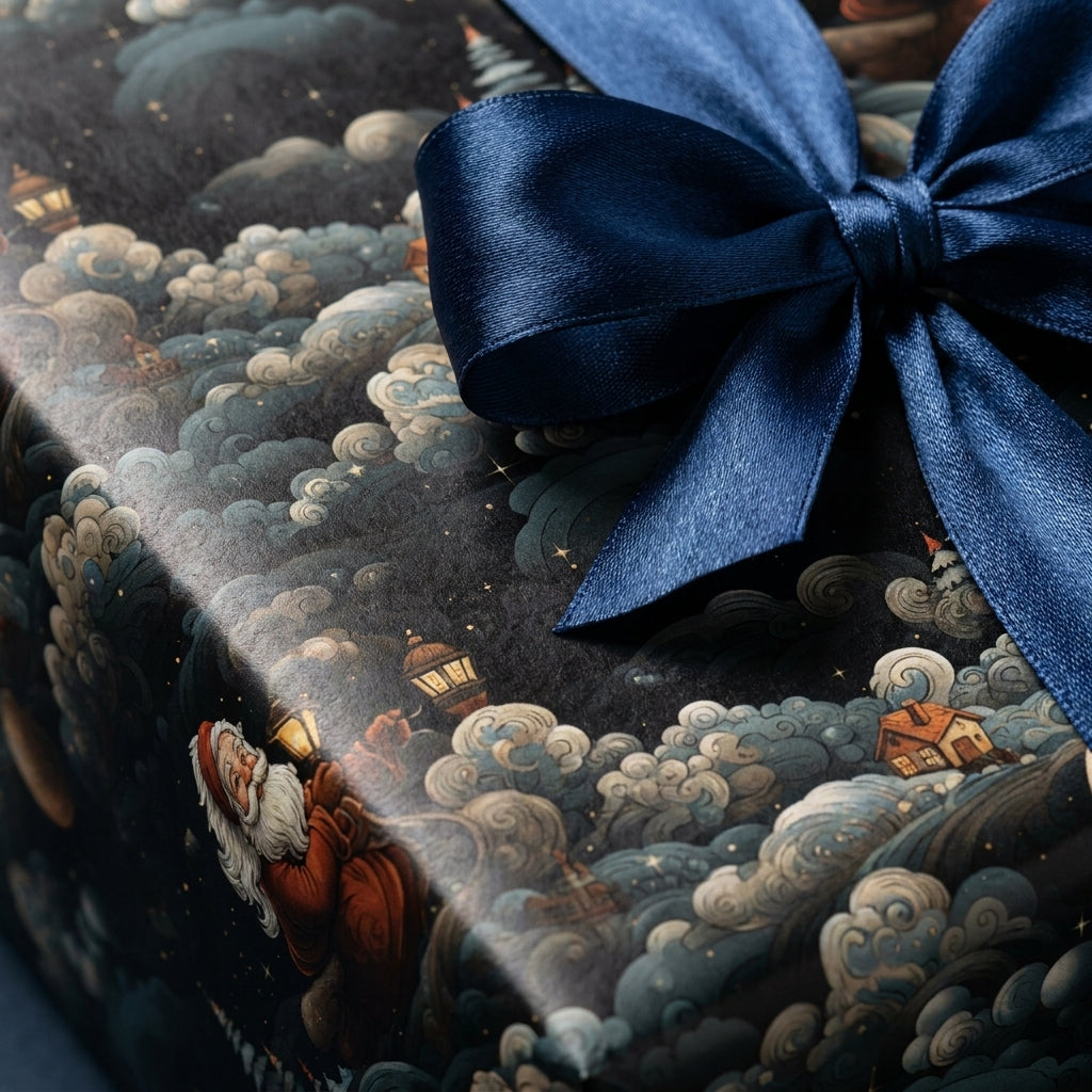 Vintage Santa Claus Christmas wrapping paper with a luxury navy blue satin bow by Wrapped Studios.