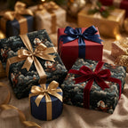 Luxury Christmas gift wrap with vintage Santa pattern and velvet ribbons by Wrapped Studios.