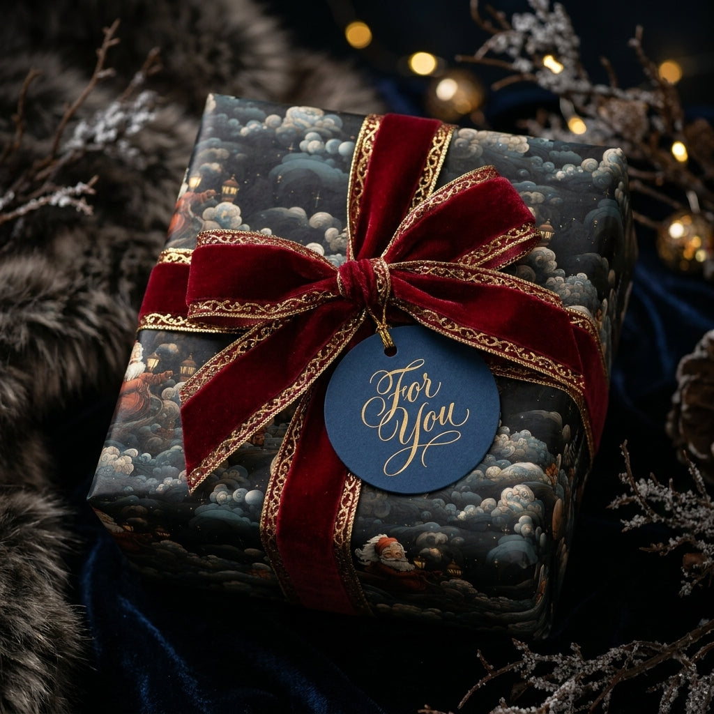 Luxury Christmas wrapping paper with vintage Santa print, red velvet bow, and gift tag by Wrapped Studios.