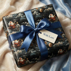 Luxury vintage Santa Christmas wrapping paper with blue satin ribbon and "With Love" tag by Wrapped Studios.