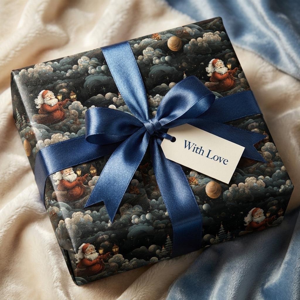 Luxury vintage Santa Christmas wrapping paper with blue satin ribbon and "With Love" tag by Wrapped Studios.