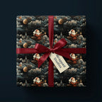 Vintage Santa Claus Christmas wrapping paper with a red satin bow and Wrapped Studios gift tag.