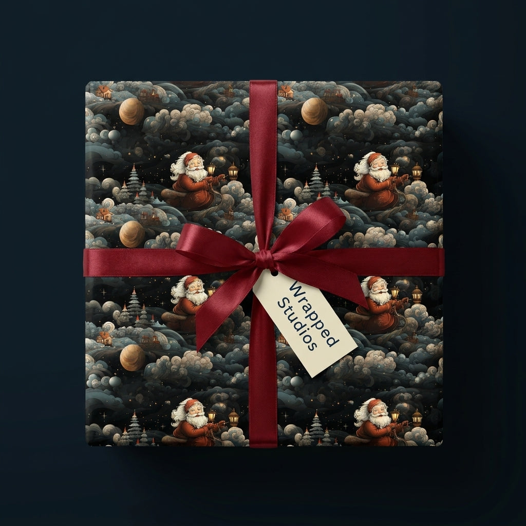 Vintage Santa Claus Christmas wrapping paper with a red satin bow and Wrapped Studios gift tag.