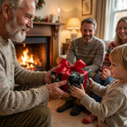 Grandfather giving child a gift in dark Christmas wrapping paper with a red bow, by Wrapped Studios.