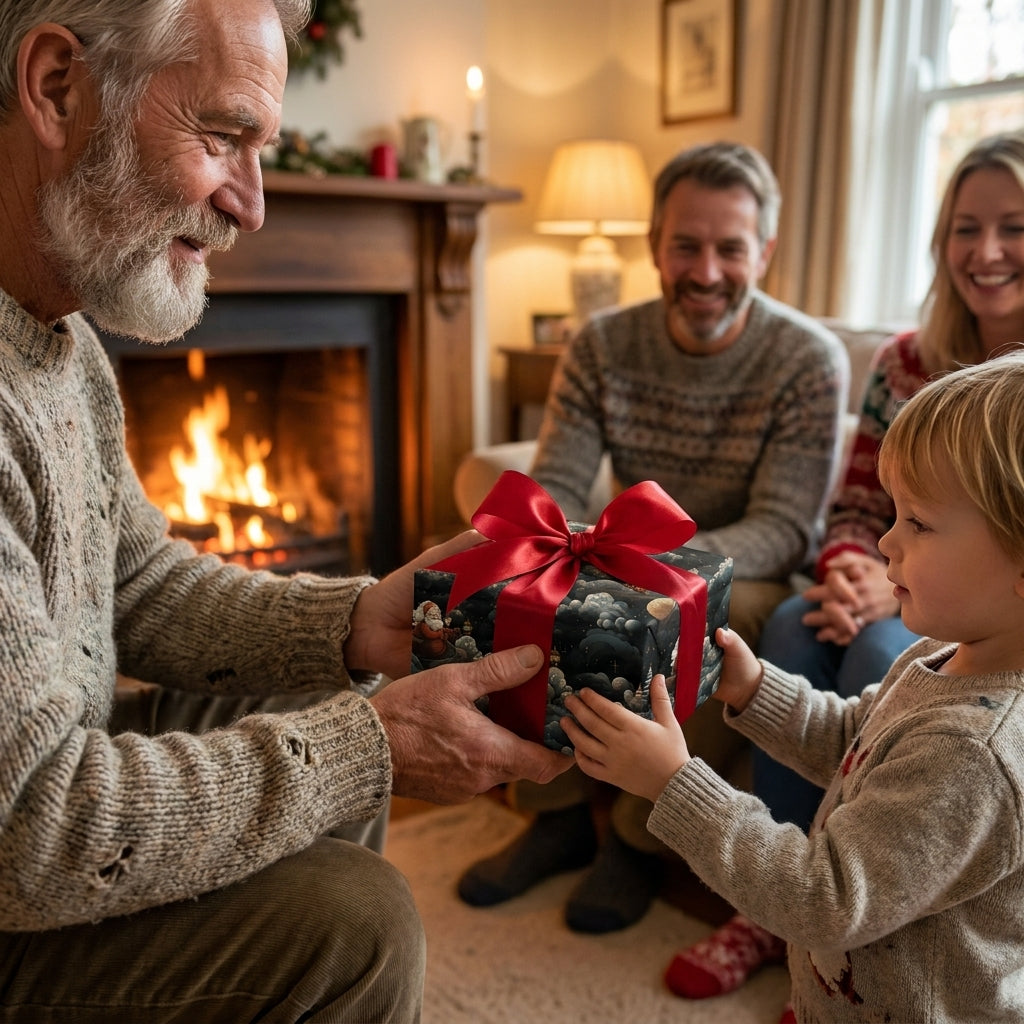 Grandfather giving child a gift in dark Christmas wrapping paper with a red bow, by Wrapped Studios.