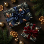 Vintage Santa Christmas wrapping paper by Wrapped Studios on gifts with navy satin and red velvet bows.