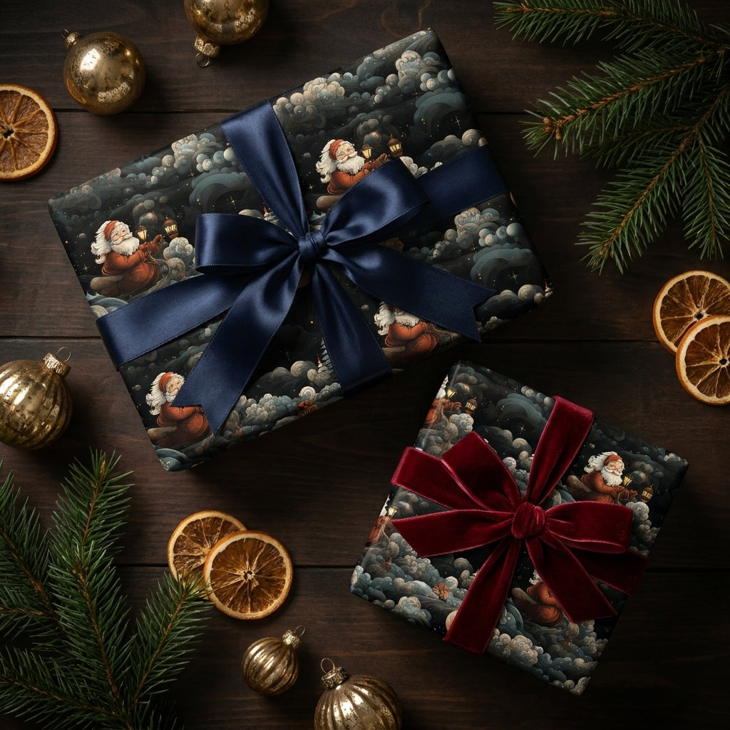 Vintage Santa Christmas wrapping paper by Wrapped Studios on gifts with navy satin and red velvet bows.