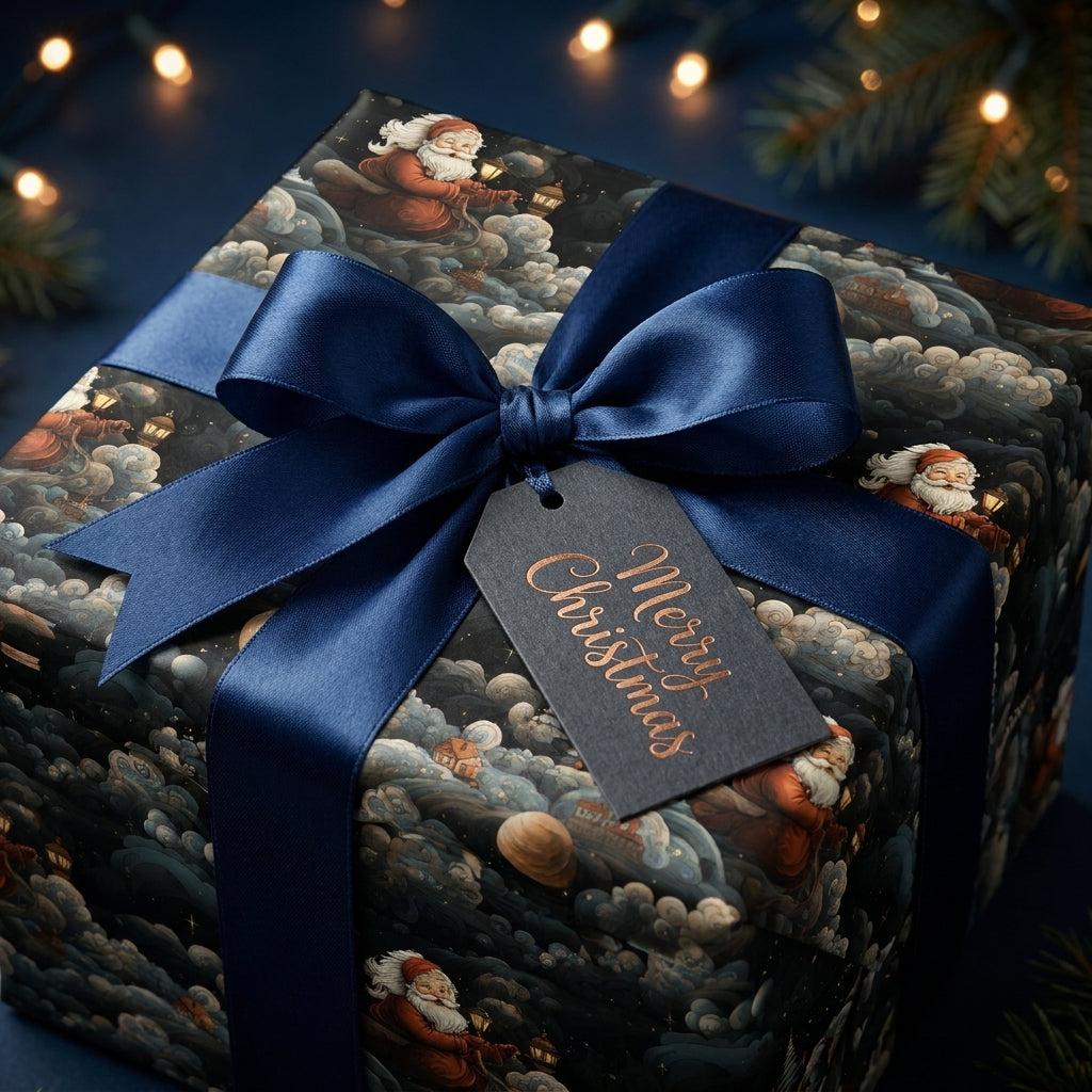 Vintage Santa Christmas gift wrap with luxury navy blue satin ribbon and holiday tag by Wrapped Studios.