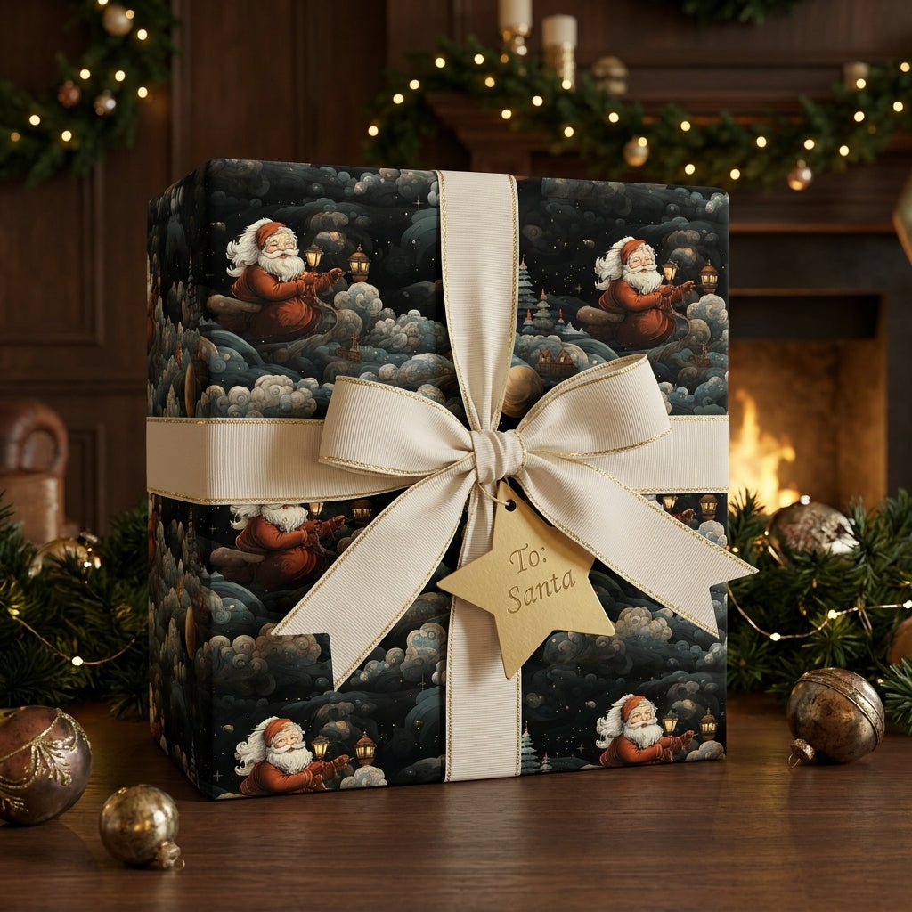 Luxury vintage Santa Claus Christmas wrapping paper with a cream ribbon bow by Wrapped Studios.