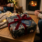 Luxury Christmas gift wrap with vintage Santa pattern and red velvet bow by Wrapped Studios.