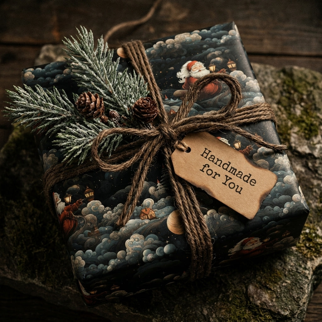 Vintage Santa Christmas wrapping paper by Wrapped Studios on a gift with twine, pine branch, and handmade tag.