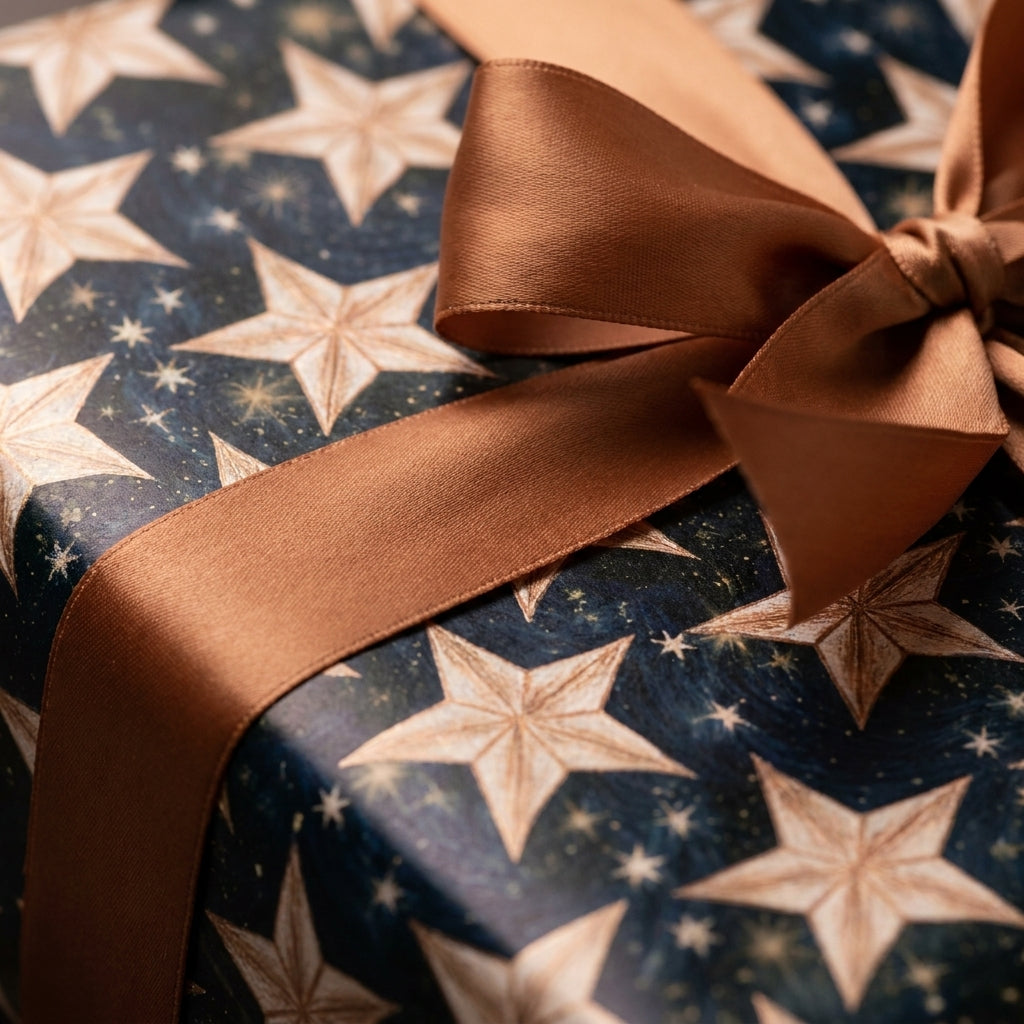Luxury celestial star wrapping paper in navy and gold with a bronze satin bow by Wrapped Studios.