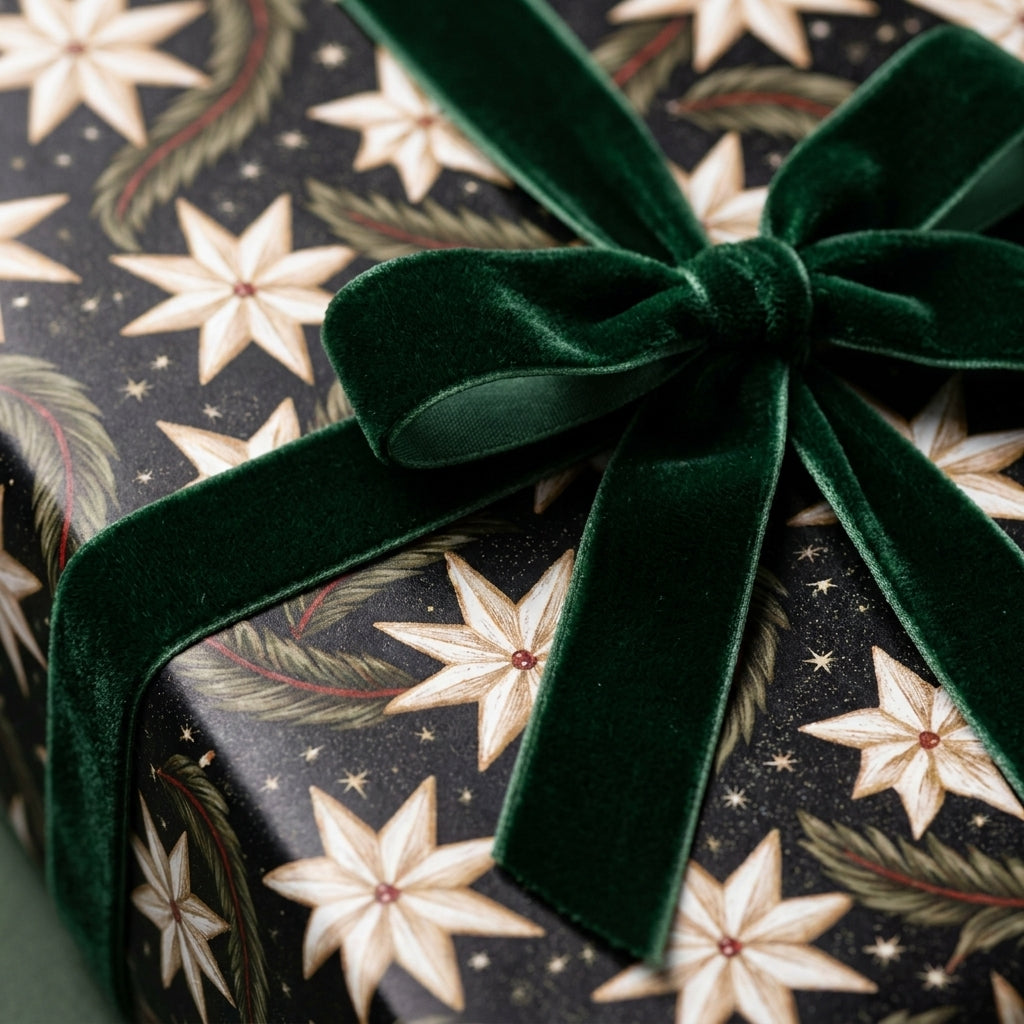 Luxury Christmas wrapping paper with cream stars and a green velvet bow by Wrapped Studios.