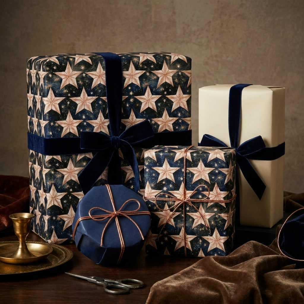 Luxury celestial star Christmas wrapping paper in navy and gold with velvet ribbons by Wrapped Studios.