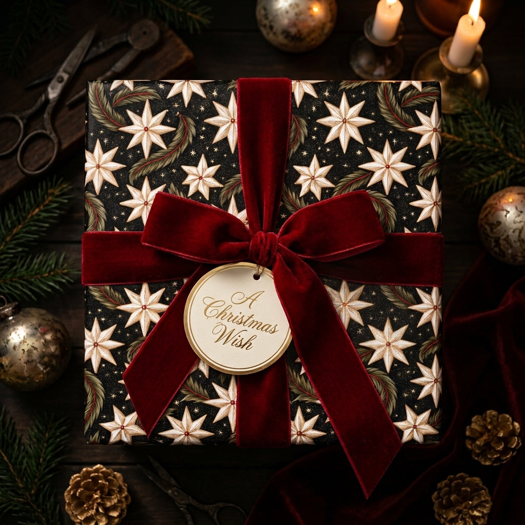 Luxury Christmas gift wrap with a star pattern and red velvet bow by Wrapped Studios.