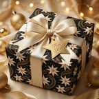 Luxury Christmas wrapping paper with elegant black and gold star pattern and cream bow by Wrapped Studios.