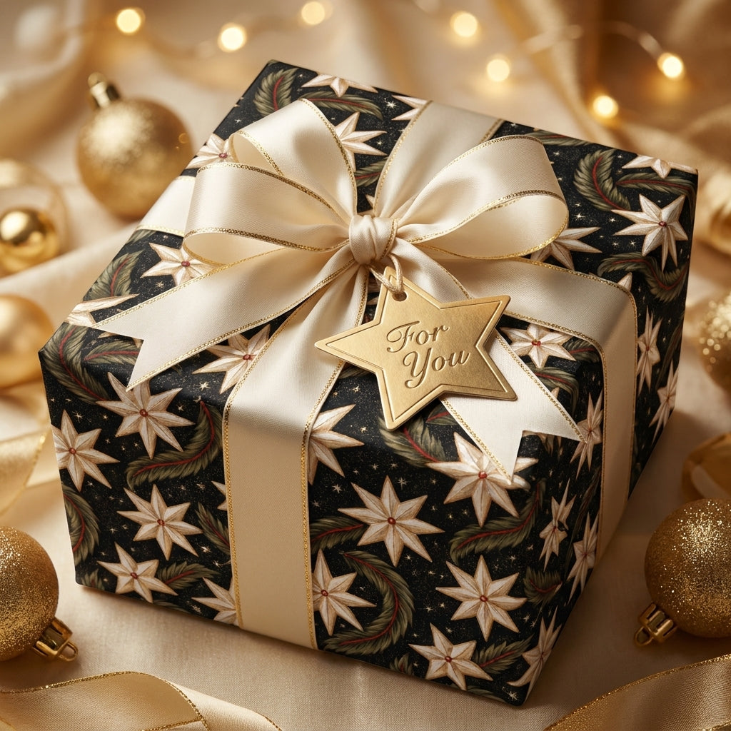 Luxury Christmas wrapping paper with elegant black and gold star pattern and cream bow by Wrapped Studios.