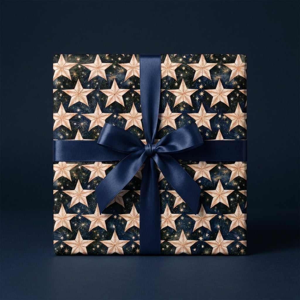 Navy celestial star wrapping paper with a blue satin ribbon, luxury holiday gift wrap by Wrapped Studios.