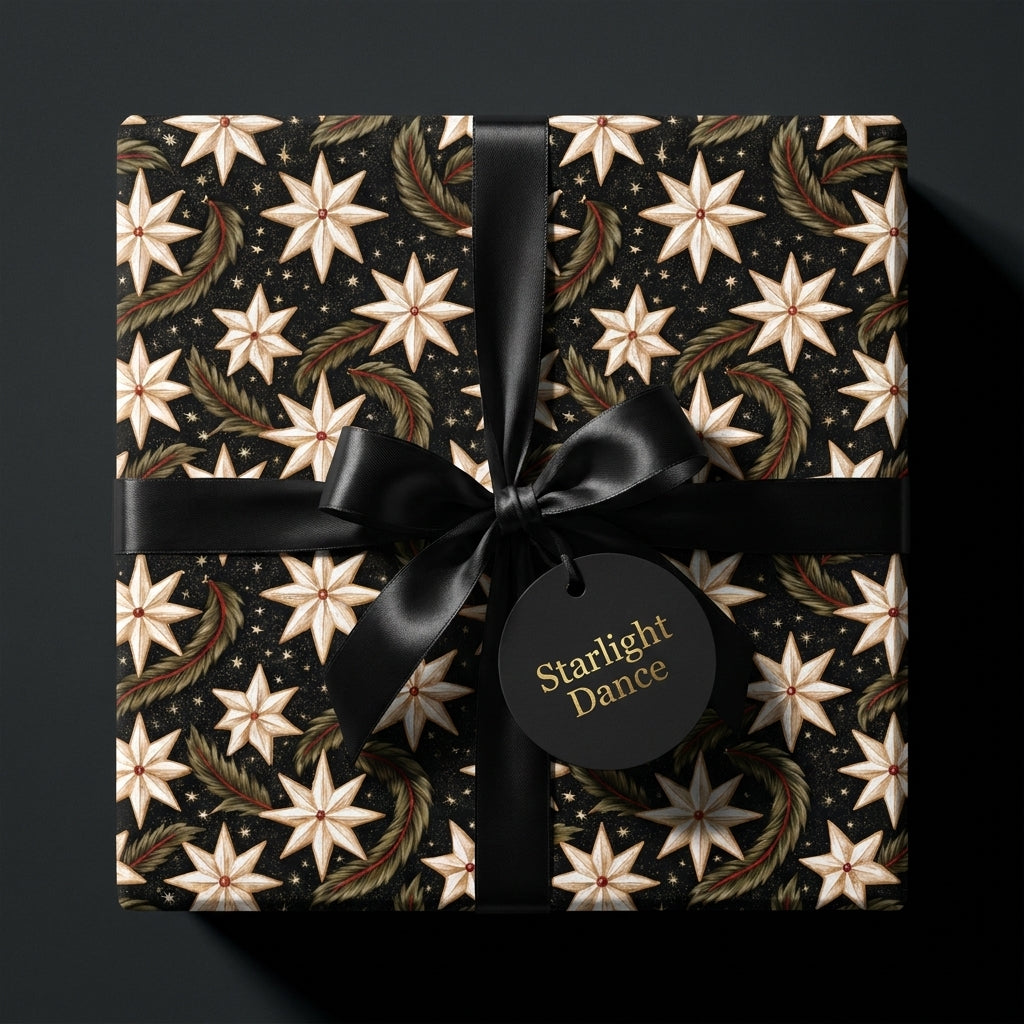 Luxury celestial star Christmas wrapping paper with a black satin bow, by Wrapped Studios.