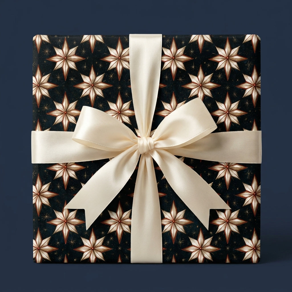 Navy Christmas star wrapping paper with an ivory satin bow on a gift box by Wrapped Studios.