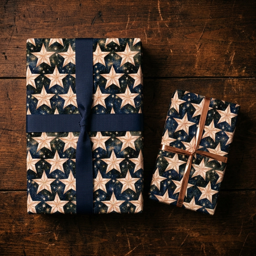 Navy blue celestial star wrapping paper on holiday gifts with ribbons by Wrapped Studios.