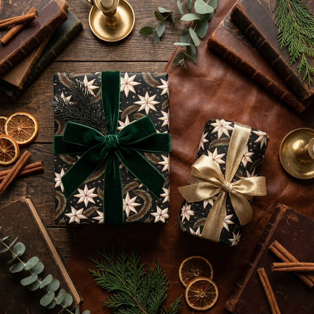 Luxury Christmas wrapping paper with botanical star pattern and green velvet ribbon by Wrapped Studios.