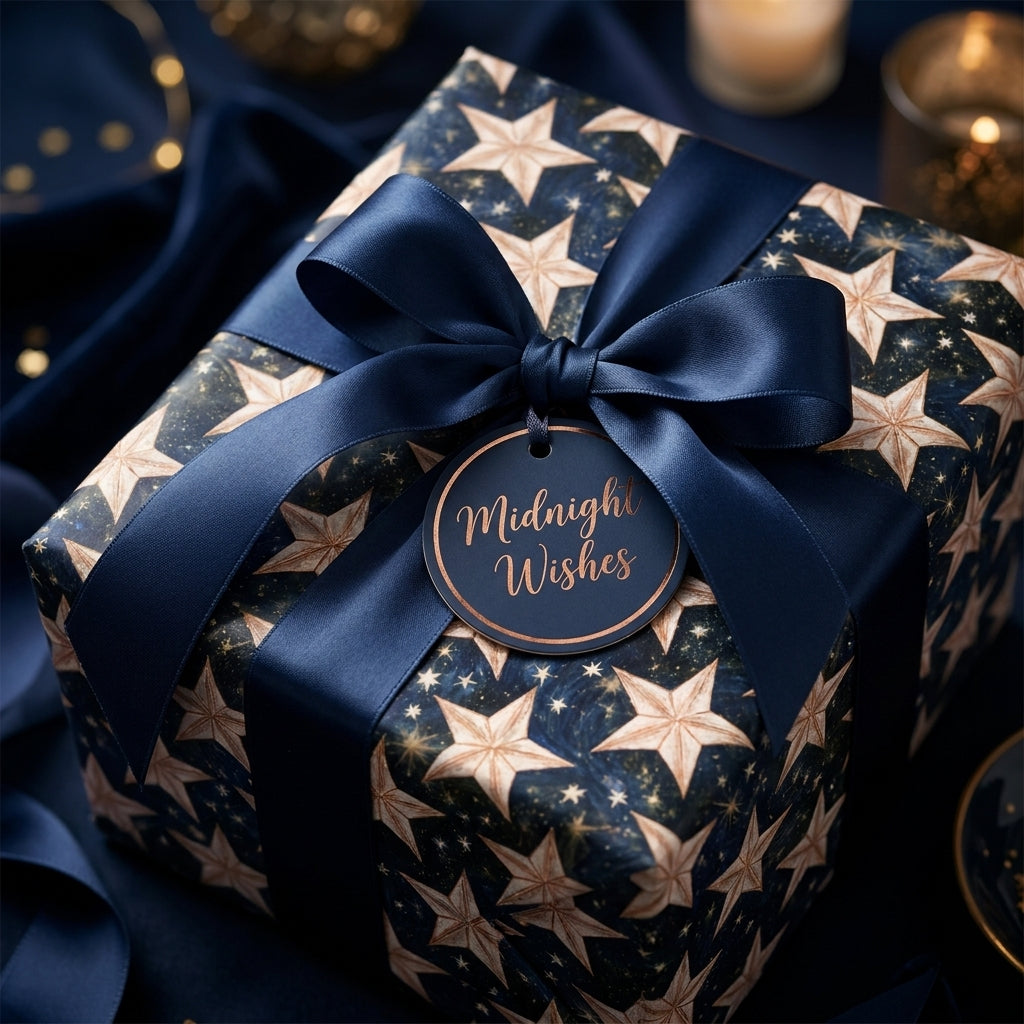 Celestial star wrapping paper with a navy satin bow, luxury holiday gift wrap by Wrapped Studios.