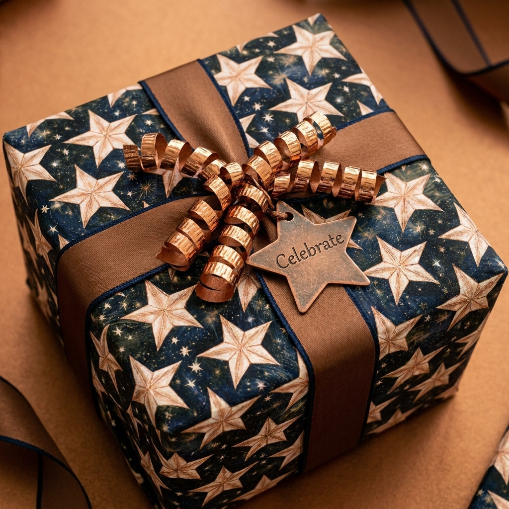 Elegant celestial star wrapping paper in navy and gold with a bronze ribbon, by Wrapped Studios.
