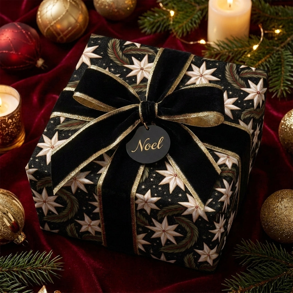 Luxury black Christmas wrapping paper with gold star pattern and velvet bow by Wrapped Studios.