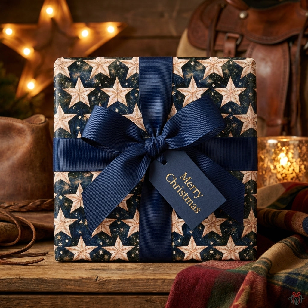 Starry Christmas wrapping paper with a navy blue ribbon bow and gift tag by Wrapped Studios.