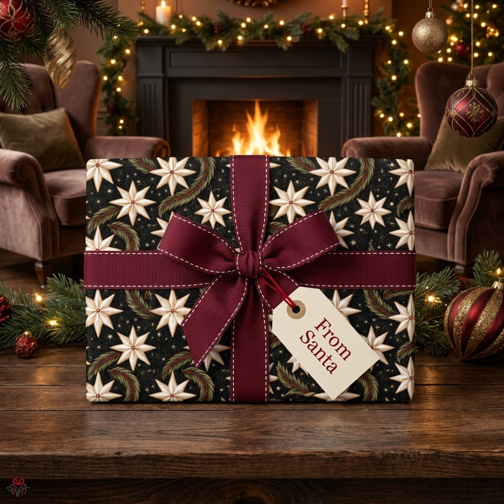 Elegant Christmas gift wrap with star pattern and burgundy bow by a fireplace. Wrapped Studios.