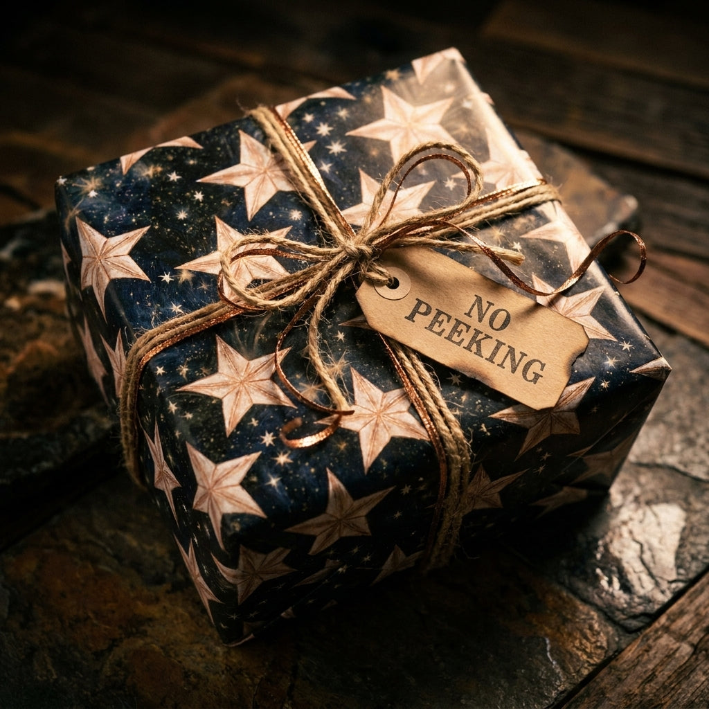 Navy celestial star wrapping paper on a holiday gift with twine and a No Peeking tag, by Wrapped Studios.