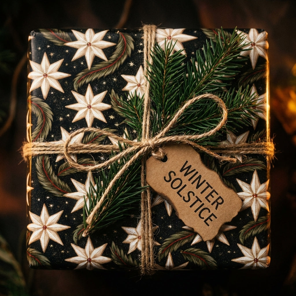 Winter Solstice wrapping paper with a luxury star pattern, twine, and pine sprig, by Wrapped Studios.
