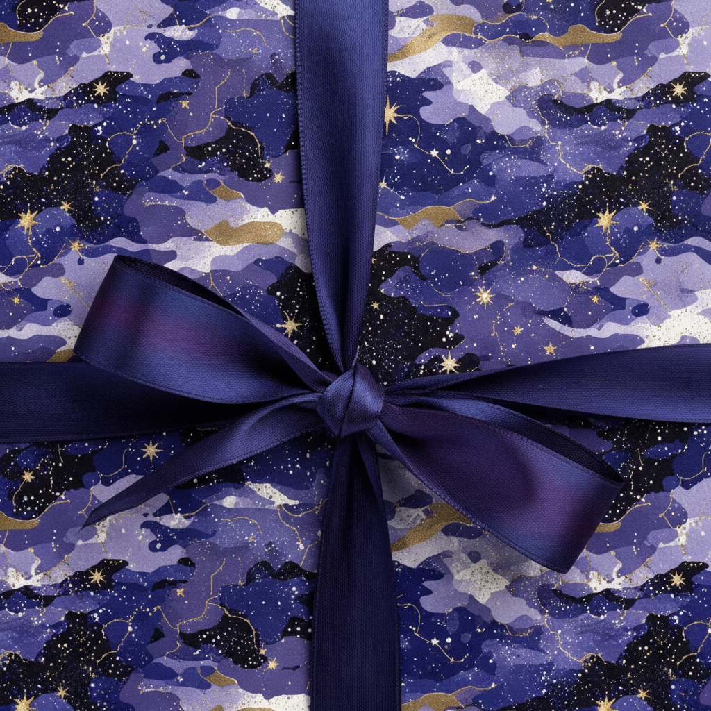Elegant luxury gift wrap with a blue satin ribbon and constellation star pattern.
