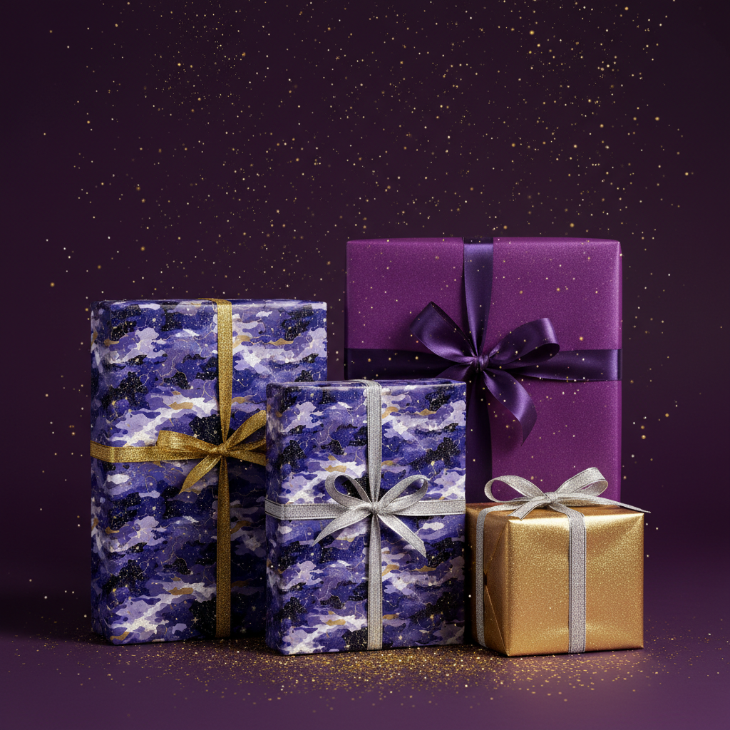 Elegant purple and gold presents with decorative ribbons, festive gift wrap for birthday or Christmas.