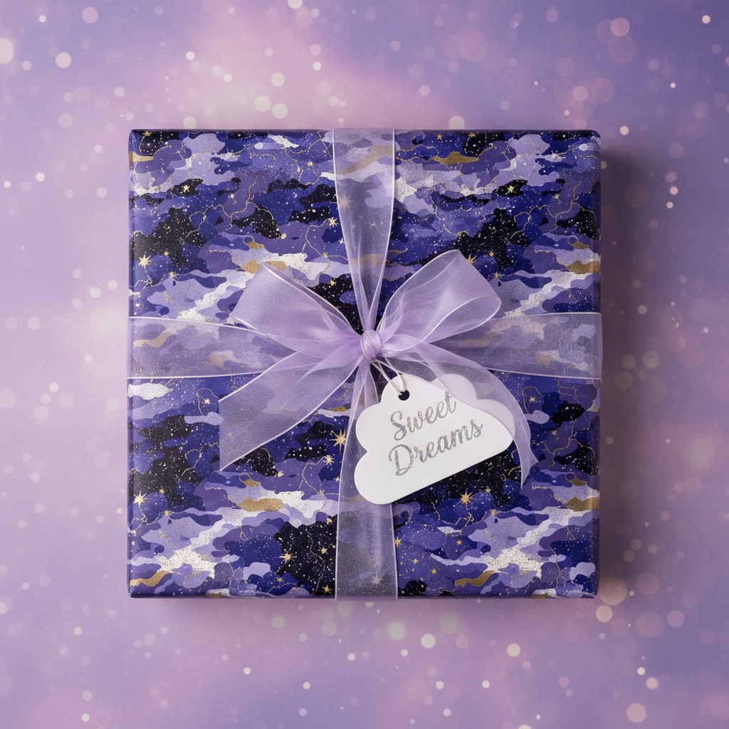 Purple gift wrapped in galaxy print paper with sheer ribbon and "Sweet Dreams" tag.