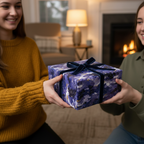 Woman giving gift wrapped in modern purple gift wrap with dark blue velvet ribbon.