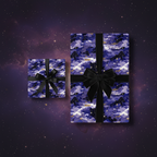 Gifts wrapped in celestial luxury gift wrap with gold stars and black velvet ribbon, set against a starry background.