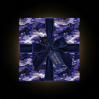 Elegant gift box wrapped in navy celestial wrapping paper with velvet bow and tag.