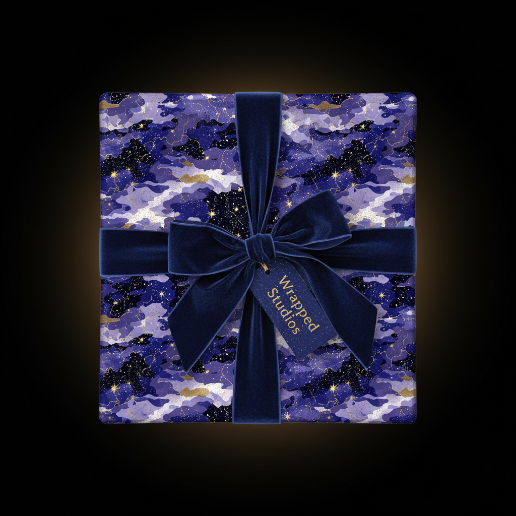 Elegant gift box wrapped in navy celestial wrapping paper with velvet bow and tag.