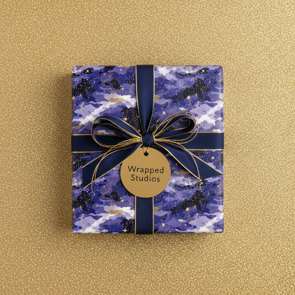 Elegant gift wrapped in luxury navy blue constellation wrapping paper with a gold ribbon bow.