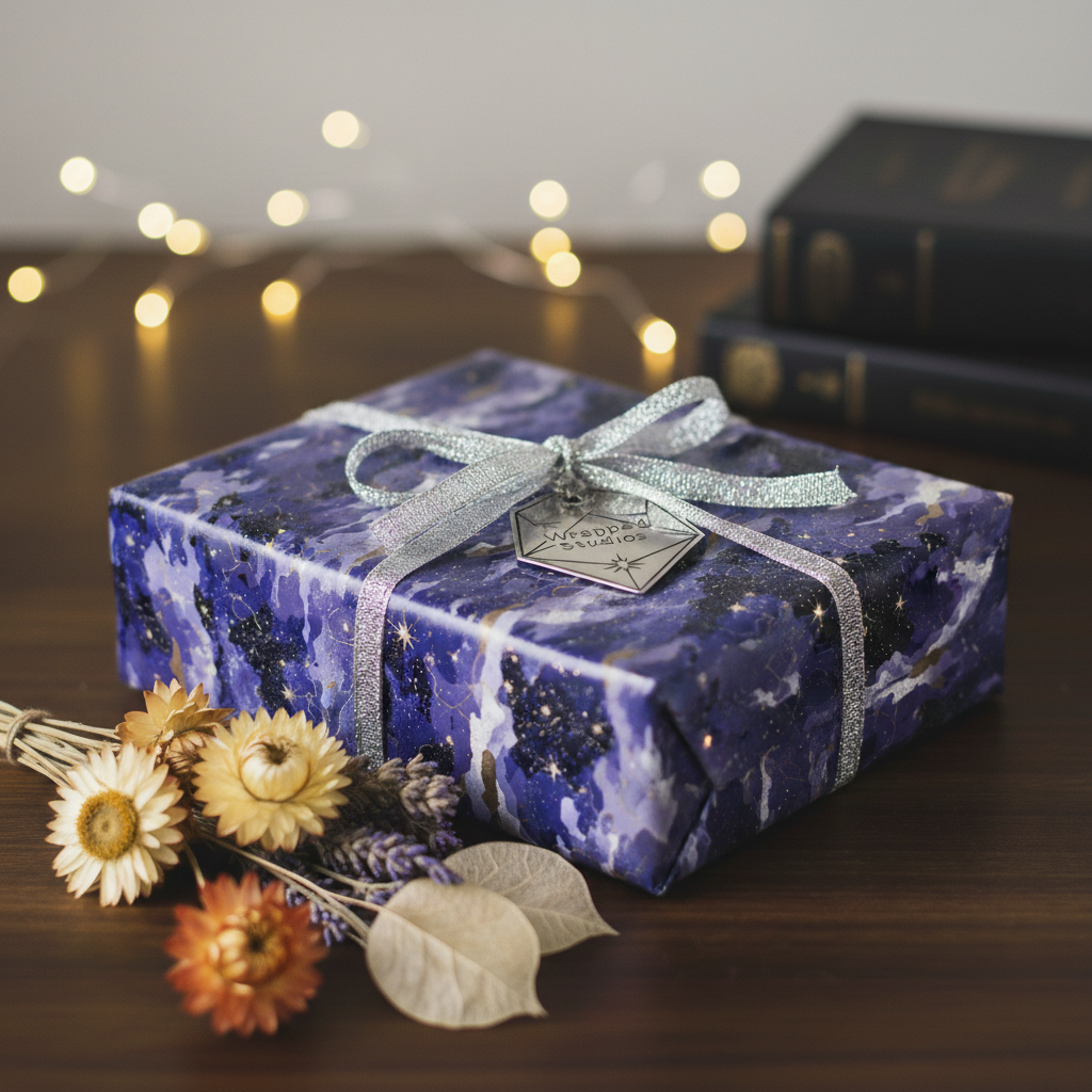 Elegant navy gift box wrapped in galaxy-themed paper with silver ribbon and dried floral accent.