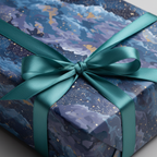 Elegant gift with teal ribbon, wrapped in blue watercolor wrapping paper with subtle gold stars.