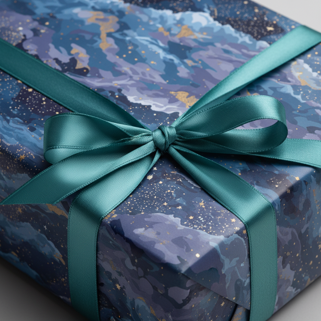 Elegant gift with teal ribbon, wrapped in blue watercolor wrapping paper with subtle gold stars.