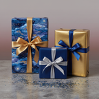 Three square presents wrapped in luxury gift wrap with gold, silver, and navy blue ribbons.