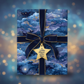 Elegant gift wrapped in celestial-themed wrapping paper with a navy velvet bow and star-shaped gift tag.
