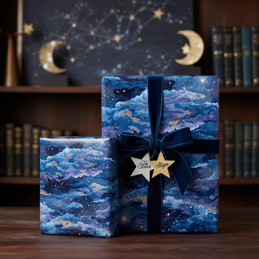 Elegant celestial wrapping paper with a navy velvet ribbon for luxury gift presentation.