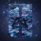 Elegant navy gift wrap featuring a gold-flecked starry night sky pattern and matching ribbon bow.